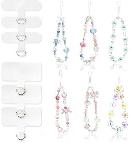 YinnFeen Cadena para Móvil de Perlas Corta, 6 Piezas Colgantes para Móvil con Parche de Cordón, Flores y Corazón Llavero Correa de Perlas para Móvil para la Mayoría de Teléfonos Llaves y Cámara
