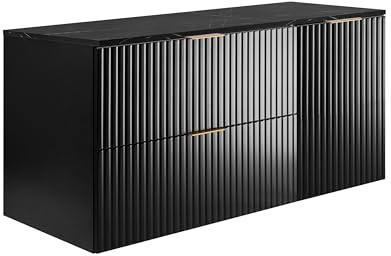 3E 3xE living.com Wandhängender Badezimmerschrank, schwarz/Schwarze Marmor-Optikarbeitsplatte (MDF), 120 x 57 x 46 cm