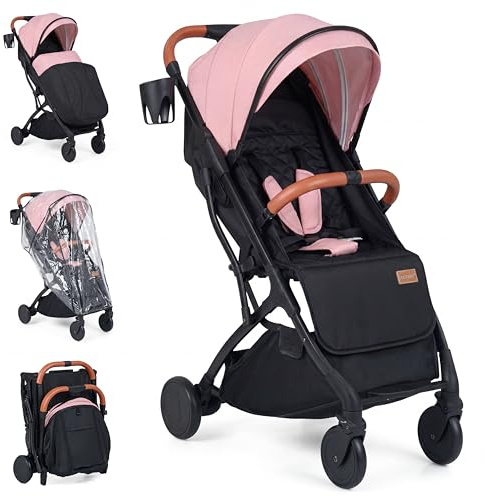 GIANTEX Passeggino Leggero per Bambini e Neonati, Passeggino Pieghevole e Portatile con Ruote, Schienale Regolabile, Tettuccio, Cintura di Sicurezza, Cesto e Copertura Antipioggia (Rosa)