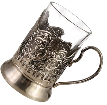 Buxuaaaa 1Set Russian Cut Crystal Drinking Tea Glasses with Metal Glass Holders Podstakannik for Hot or Cold Liquids Retro Design Drinkware