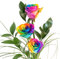 3 bunte Rosen - Regenbogenrosen - Dekoriert mit Ruskus und Gräsern - Inklusive gratis Vase und Grußkarte