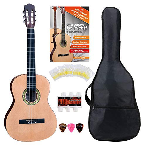 Classic Cantabile AS-861 Konzertgitarre 7/8 Starter-Set (akustische Klassikgitarre, geeignet für Kinder ab 10-13 Jahren, Tasche, Saiten, Noten, Plektren, Stimmpfeife) natur