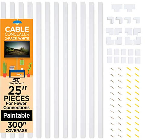 SimpleCord Cable Concealer On-Wall Cord Cover Raceway Kit (White 2 Pack)