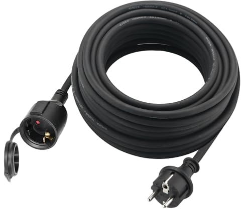 Verlängerungskabel Outdoor 25m für den Außenbereich, Gummi Verlängerung Stromkabel mit Schuko Stecker, IP44 Verlängerungsleitung 3G1,5 mm² Kabel, Baustellenkabel außen, mit Schutzkappe, 3500w, Schwarz