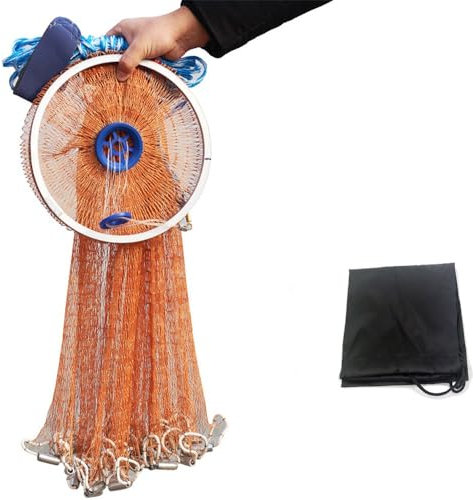 EASY BIG Amerikanisches Wurfnetz mit Aluminium-Frisbee, Fischernetz für Köderfalle, 0,8 Zoll/2 cm Maschenweite, 7,8-13,8 ft/2,4-4,2 m Durchmesser