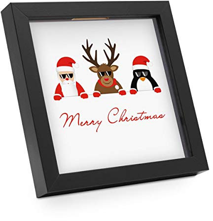 PHOTOLINI Bilderrahmen Spardose zum Befüllen 20x20 cm schwarz, Merry Chrismas Objektrahmen Geldgeschenke, 4 austauschbare Motive, Aufstellen & Aufhängen, DIY - perfekt zum Basteln und als Geschenk