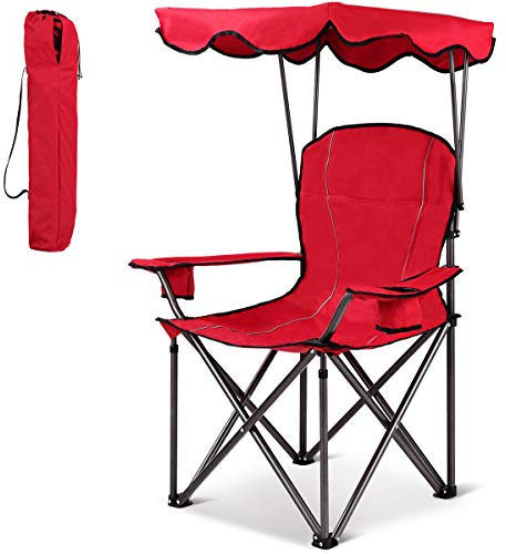 COSTWAY Campingstuhl mit Rückenbelüftung und Sonnendach, Angelstuhl mit Getränkehalter, Klappstuhl mit Tragtasche, Faltstuhl 120 kg belastbar, Anglerstuhl Ideal für Terrasse, Strand, Camping (rot)