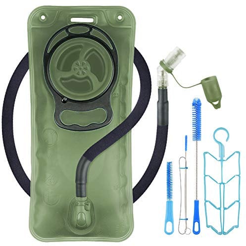 Trinkblase 2L Auslaufsicher Wasserreservoir, Militärische grüne Wasserspeicher-Blase Tasche mit isoliertem Schlauch für Trinkrucksack, Outdoor, Wandern, Camping, Laufen, Radfahren, Reinigungsset