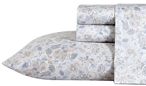 Laura Ashley Home – Queen-Bettlaken, weiches Satin-Baumwoll-Bettwäsche-Set – elegant, glatt und atmungsaktiv, Heimdekoration (Quartett Grau, 4-teilig, Queensize-Bett)