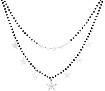 Ouran Star Pendant Necklace for Women, Double Layers Rose and Gold Silver Plated Stainless Steel Chain Necklace with Crystal