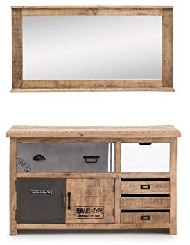 Woodkings® Badset Pune, 2teilig, Waschtisch mit Spiegel Echtholz Mango Natur Waschtischunterschrank Badmöbel Badezimmer Möbel Holz Unterschrank Badschrank