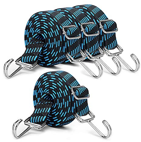 INCETUE 2M Long Bungee Cords with Hooks, 4 Pack Adjustable Flat Elasticity Rope Set, Large Heavy Duty Extra Strong Rubber Elastic Straps with Metal Buckle, for Bike Luggage Racks & Outdoor (Blue)