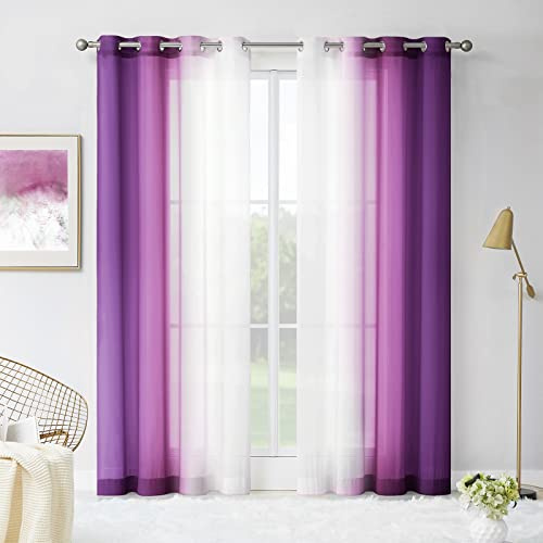 Melodieux Violette Ombré-Vorhänge, transparent, 213 cm lang, für Wohnzimmer, Schlafzimmer, Chiffon, Lila, Weiß, Farbverlauf, Voile-Vorhänge, 132 x 213 cm, 2 Vorhänge