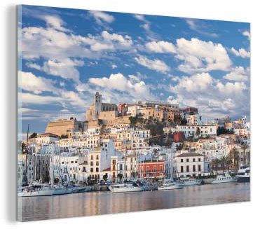 MuchoWow Glasbild Glasfoto Wandbild Bilder Deko 30x20 cm Ibiza-Stadt bei Sonnenaufgang
