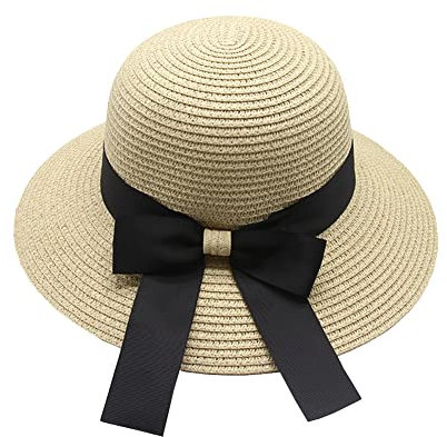 Chapeau Pliable avec nœud pour Femme - Chapeau de Paille à Large Bord Souple pour l'été - Protection UV - Chapeau de Plage - Chapeau Pare-Soleil pour Voyage et Vacances - Beige