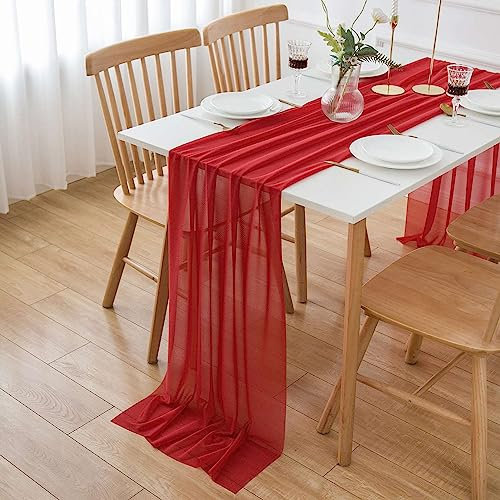 AOKSUNOVA Tischläufer Chiffon Rot 4m x 70cm Dekostoff Hochzeit Tüll Hochzeit Tischdeko Abwaschbar