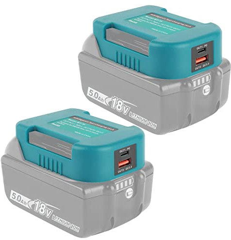 QUPERR 2 Pack Adattatore Batteria, Compatibile con Makita 18V Batteria agli ioni di litio Adattatore Caricatore Telefono USB Doppio con Ricarica Veloce Type-C (solo adattatore)