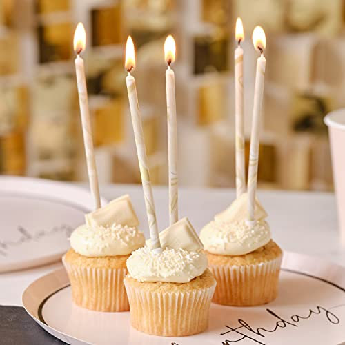 Ginger Ray Tall Thin Marble Birthday Cake Candle with Holders, Pack of 12