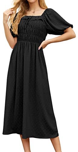 GRECERELLE Womens Summer Casual Midi Maxi Dress Square Neck Half Sleeve Ruffled Backless Smocked Elastic Waist Swiss Dot Cocktail Long Dresses for Ladies (Black, M)