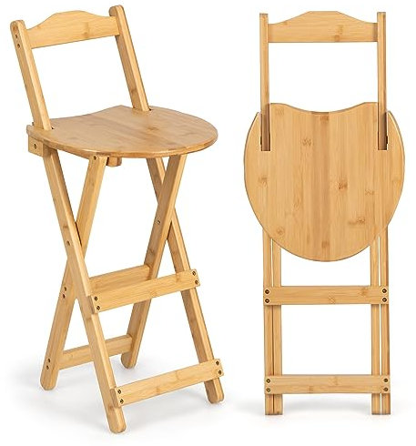 HOMASIS Juego de Taburetes de Bar Plegables, Taburetes de Cocina de Bambú, Taburete Alto con Respaldo y Reposapiés, Silla de Comedor Portátil, Sin Instalación, Capacidad de Carga 150 kg (36x36x84cm)