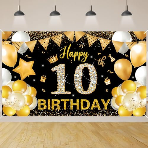 10 Geburtstag Party Dekoration,BTZO 10.Geburtstag Banner Schwarz Gold,Extra Große Stoff Hintergrund 10 Party Geburtstagsdeko Frau Mann