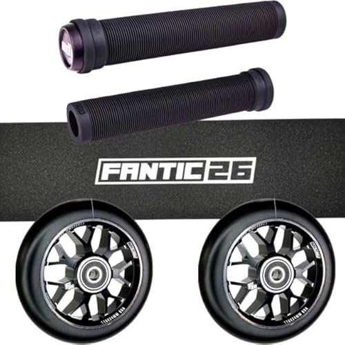 Fantic26 Stunt Scooter Trick Roller Ersatzteile Bundle I ODI SLX Soft Griffe I F26 Spy7 110mm Abec11 Rollen I Griptape Basic Schwarz/Weiß