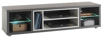 AVANTI TRENDSTORE Crosia - Mobile TV in legno laminato di colore grigio e bianco con 7 vani aperti e 2 ripiani in vetro. Dimensioni LAP 140x36x37 cm