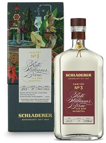 Schladerer Rarität No. 3 Rote Williams-Birne Edelbrand (43% vol) - ein Klassiker aus dem Rhonetal, premium Handarbeit in exklusiver Geschenkpackung - RAR. HOCHWERTIG. WERTVOLL. (1 x 0.5l)