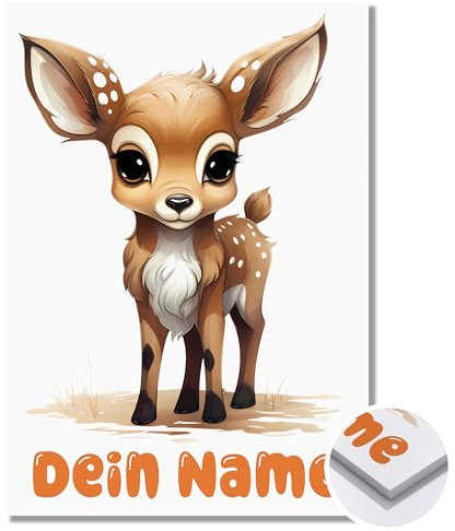 GRAZDesign Wandbild Rehkitz Kinderzimmer mit Namen personalisiert Waldtiere Deko - Reh A4 Bilder Babyzimmer bunt Deko Junge & Mädchen