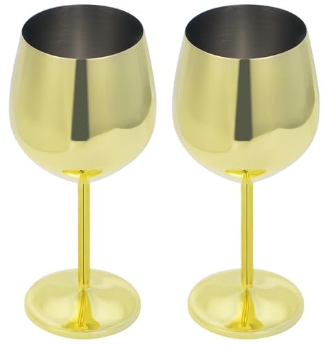 Kyrio 2 Set Stainless Steel Wine Glasses 500ml,Champagne Glasses, Shatterproof Party Glasses, Unbreakable Metal Wine Glasses for Gifts Party Camping Birthday Wedding (Gold)