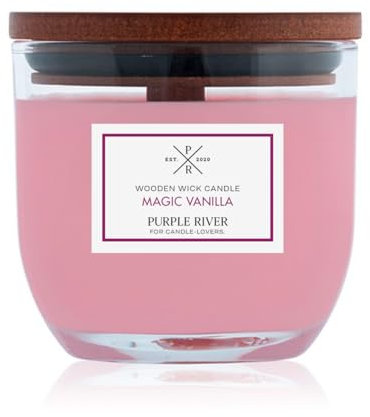 Purple River Candle kleine Duftkerze im Glas mit Deckel | Magic Vanilla | Duftkerze Vanille | Duftkerze Holzdocht | Kerze im Glas | Raumduft für Zuhause (85g)