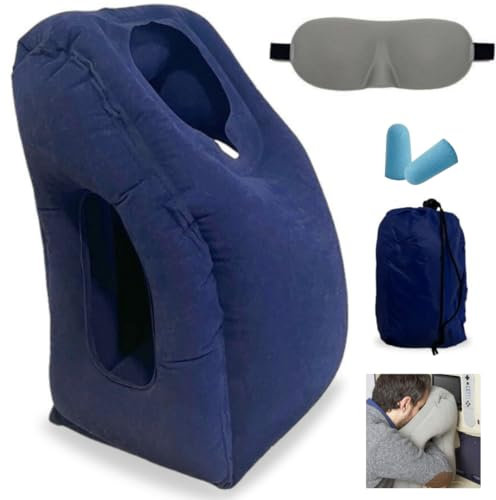 Prismia Almohada de Viaje Hinchable para Avión, Coche, Tren, Bus, Oficina. Incluye Tapones para Oídos, Antifaz y Bolsa Portátil - Cojín Cervical Inflable - Reposacabezas para Cuello (Azul Marino)