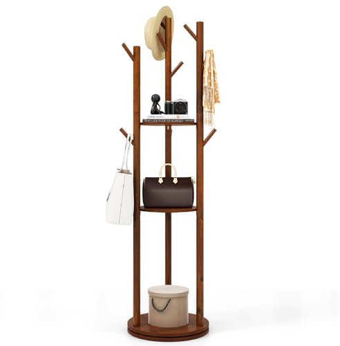 COSTWAY 360° Rotating Coat Rack, Freestanding Coat Stand Clothes Hat Hanger with 3 Storage Shelves and 9 Hooks, Solid Wood Display Hall Tree Organiser Unit for Hallway Entryway Bedroom, 167cm