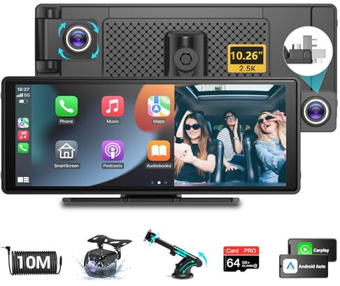 10.26 Apple Carplay Screen Flip front Camera Wireless Apple Carplay & Android Auto Mirror Link Dashcam Car play Screen for Car Waterproof Rear Camera Dual Bluetooth AUX FM 64G SD Card Siri Navigation