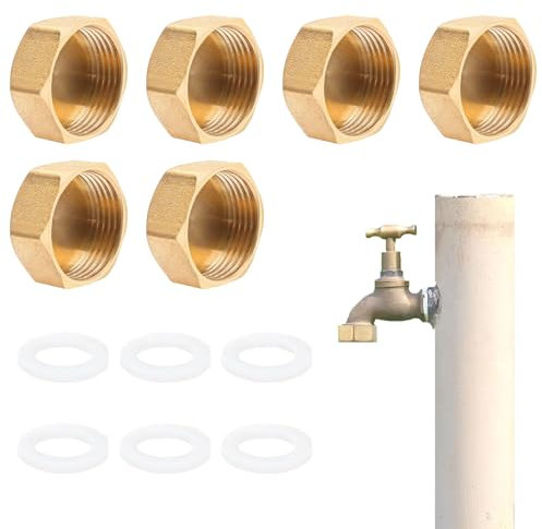 6 Pezzi Tappo per Tubo in Ottone, Tappo in Ottone Filettatura Esterna da 1/2 Pollice, Tappo 1/2 Femmina con Guarnizione, Tappi in Ottone, Cappuccio in Ottone Tappi, Tappo Femmina1/2