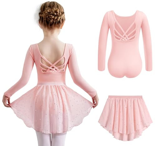 Arshiner Mädchen Ballettkleidung Baumwolle Ballettkleid Langarm Balletttrikot Kinder Tanzkleid Kleinkind Balllett Tanzbody mit Pailletten Ballettrock Rosa 150/7-8 Jahre