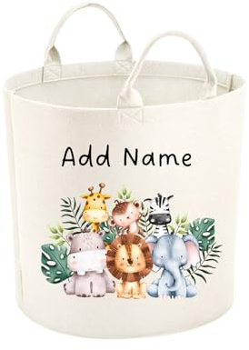 Kids Personalised Toy Basket - Large 50l - Cute Safari Animals - Laundry Hamper for Girls and Boys, Large (White)