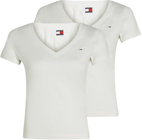 Tommy Jeans Camisetas de Manga Corta Mujer Pack de 2 con Cuello de Pico, Multicolor (Ecru/Dark Night Navy), XL