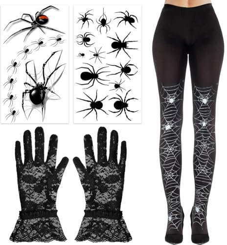 Epokus 3 Stück Halloween Spinnenkostüm Damen, Spinnenweben strumpfhose, spinnennetz strü Zubehör Set, Gotische Spitzenhandschuhe, Spinnen Gesichtstattoos, halloween Karneval Kostüm
