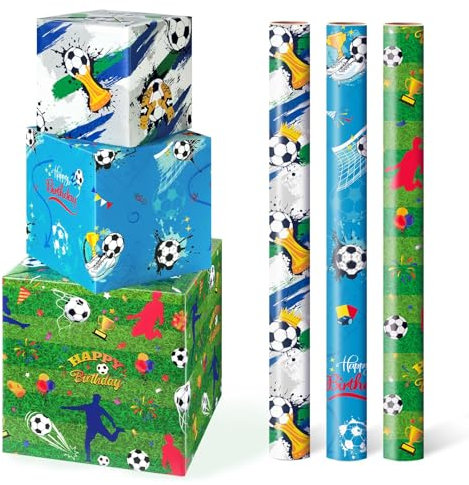 WERNNSAI Fussball Geschenkpapier – 3 Rollen Fußball Geburtstags Geschenkpapierrolle Junge Kinder Grün Geschenkverpackung mit Fußball Muster Fussball Geschenkpapier Geburtstagsparty 43 cm x 3 m