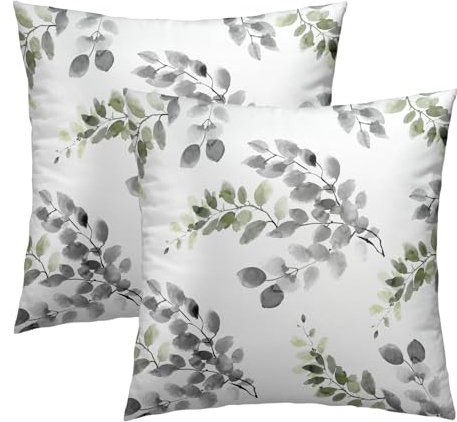 Kissenbezug mit grünen und grauen Blättern, 40,6 x 40,6 cm, 2 Stück, Vintage-Stil, Chinoiserie, weißer Druck, quadratisch, Frühlingsgrün, Blatt-Kissenbezüge für Party, Bett, Sofa, Zuhause, Auto,