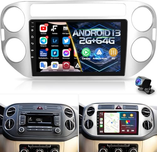 NHOPEEW Android Autoradio für Volkswagen Tiguan 2010-2015 mit Wireless Carplay und Android Auto - WiFi GPS Mirror Link Split Screen Lenkradsteuerung FM RDS + Bakcup Kamera