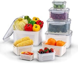 KUMD Kühlschrank-Organizer, 6er-Packung, Gemüseaufbewahrung mit herausnehmbarem Sieb, BPA-frei, luftdichte Deckel, mikrowellen- und spülmaschinenfest, hält Obst, Gemüse, Fleisch und Salat frisch