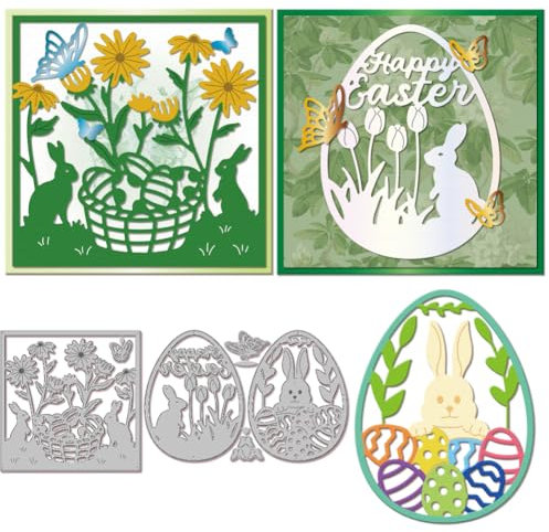 GLOBLELAND Frühling Stanzformen Mit Ostereier Rand Für DIY Scrapbooking Metall Kaninchen Szene Stanzformen Blumen Und Schmetterlingsrahmen Stanzungen Für Kartengestaltung Prägung Fotoalbum Basteldekor