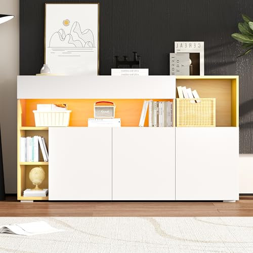 Kebnor LED Sideboard Breite 140cm, Multifunktionales Sideboard,Kommode, Highboard, Luxuriöses Sideboard für Wohnzimmer, Eckschrank für Flur, Schrank für Schlafzimmer, Weiß und Eiche