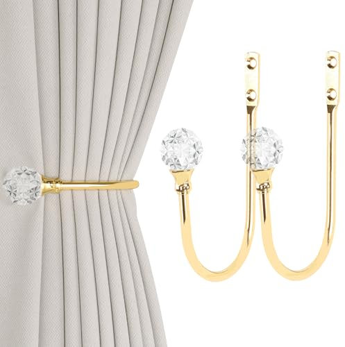 2 Stück robuste U-förmige Metall-Vorhanghalter mit transparenten Kristallkugel-Raffhaltern für Vorhänge (2, Gold)