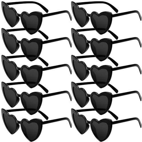 SelfTek Herz Brille Schwarz, 10 Stück Retro Herz Sonnenbrille Partybrille Herzform Brille, Vintage JGA Brillen Hippie Herzförmige Brille, Herzchen Brille für Party Hochzeit Karneval