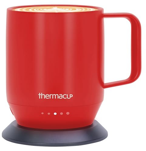 THERMACUP Tasse à café auto-chauffante avec 5 réglages de température, batterie de 8 heures, 355 ml avec couvercle (capacité de 414 ml), rouge cerise
