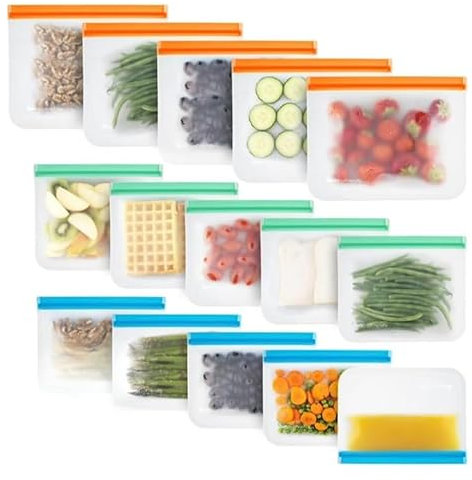 MAWZA Slider Ziplock Bag (50-Pcs), Reusable Freezer Bags Set – Large, Medium, Small Plastic Bags (4.5L, 2.25L & 1L), 50 sticker Labels, bag holder, & Pen – BPA-Free, Food Storage Bag