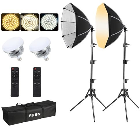 FGen Softbox Fotostudio Set,2x50cm Oktagonale Softboxen mit 60W LED 3000-6500K Lampen,150cm verstellbares Lichtstativ für Porträtfotografie, Live-Streaming, YouTube-Videofotografie